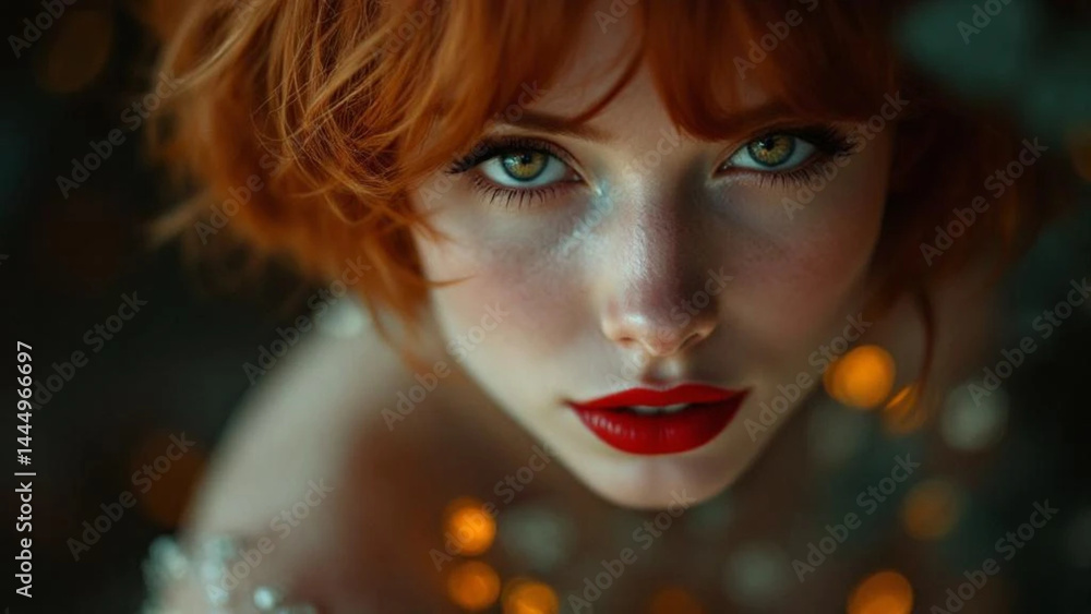 Beautiful gingerhead woman with red lips. Close up.