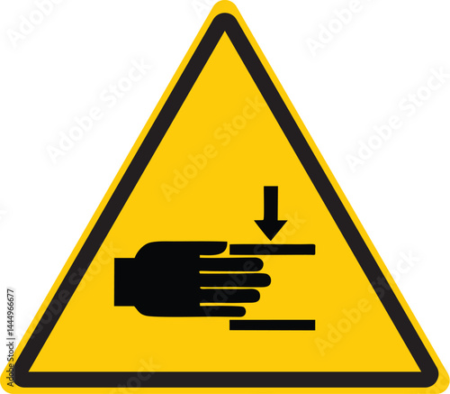 triangular warning sign featuring hand trapped under downward force with arrow symbol indicating caution