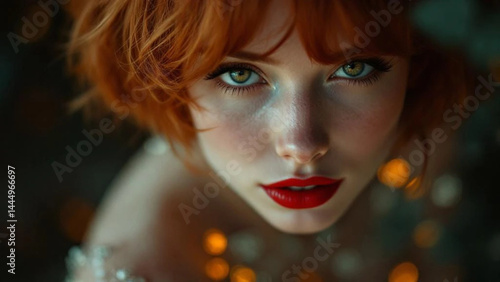 Obraz na płótnie Beautiful gingerhead woman with red lips. Close up. w salonie