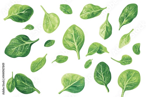 Fresh Green Spinach Leaves Pattern, Watercolor Style Isolated on White Background, Natural Veggie