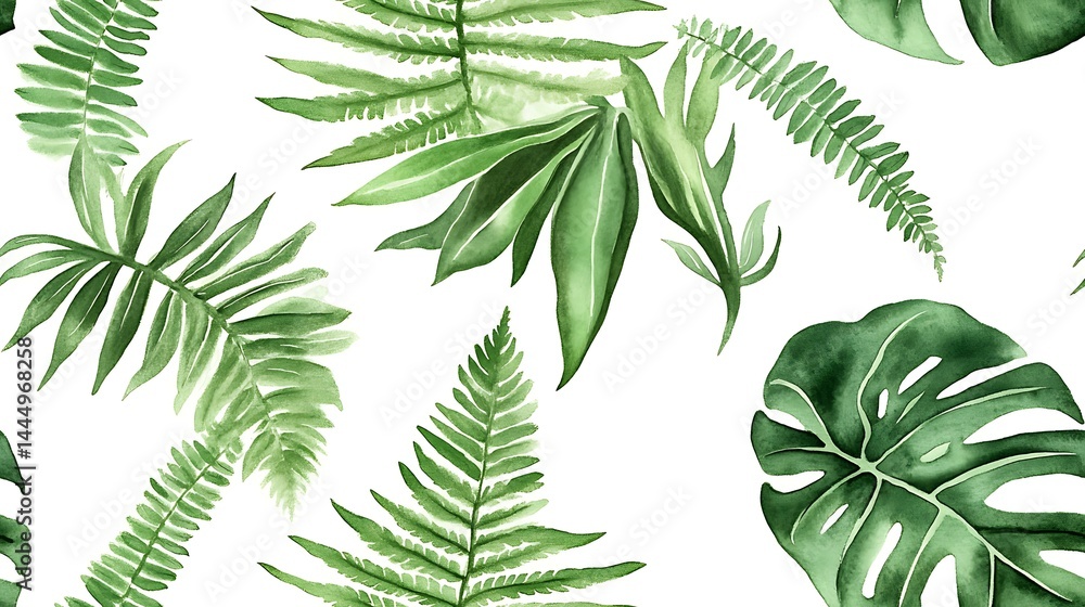 Seamless pattern of tropical monstera and fern leaves with detailed watercolor textures, floating on white paper background Luxury Botanical Wallpaper and Wall Murals High-End Tropical Textile Seamless pattern of tropical monstera and fern leaves with detailed watercolor textures, floating on white paper background Luxury Botanical Wallpaper and Wall Murals High-End Tropical Textile