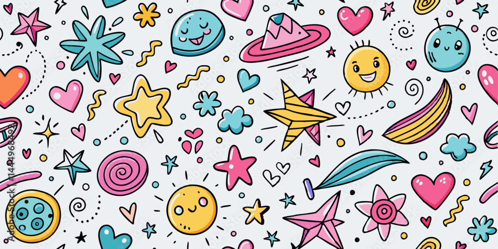 Naklejka premium Playful doodle background filled with cute hand-drawn stars, hearts, and swirls for kids design