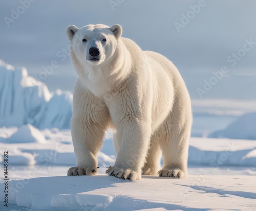 Albino polar bear stands on arctic ice floe, sunlit fur ,  wildlife,  global warming