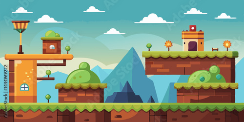 Flat side-scrolling platformer game background with simple hills, obstacles, and floating platforms for 2D arcade or adventure gameplay design.

