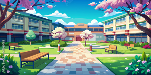 アニメ学校の中庭には緑の芝生、ベンチ、そして花が咲き誇り、日常生活のロマンスを演出します。