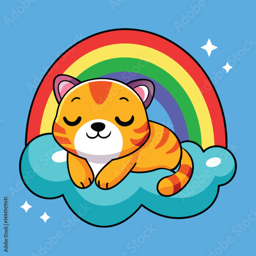 Discover the adorable sight of a cartoon mascot featuring a cute tiger peacefully sleeping on a rainbow. Ideal for children's illustrations, fantasy-themed designs, or adding a whimsical touch to any 