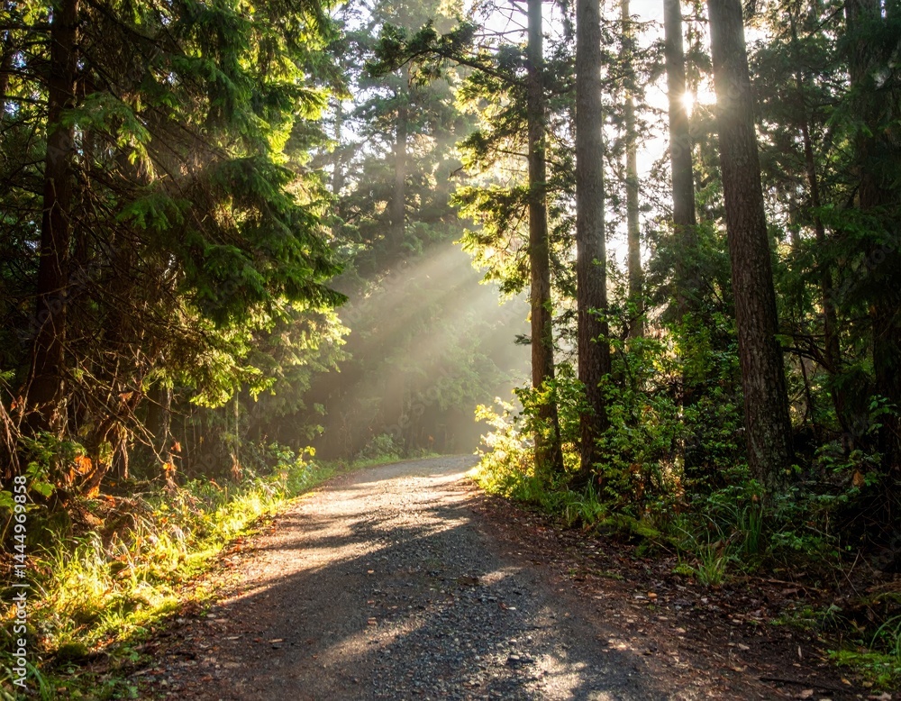 Obraz premium Sunbeams Illuminating Forest Path