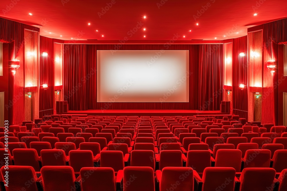 Fototapeta premium Vintage Red Theater Interior Rows of Empty Seats, Curtains, and a Large White Screen