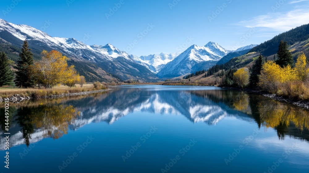 Autumn Majesty: Mountain Lake Reflection - Serene autumn scene, snow-capped mountains reflected in a still lake, vibrant fall foliage, clear blue sky, tranquil nature. Symbolizing peace, serenity Autumn Majesty: Mountain Lake Reflection - Serene autumn scene, snow-capped mountains reflected in a still lake, vibrant fall foliage, clear blue sky, tranquil nature. Symbolizing peace, serenity