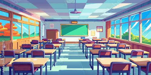 木製の机と黒板のあるアニメ風の教室のインテリア。大きな窓と空席が並ぶ明るい日本の学校の様子を、すっきりとしたアニメ風のイラストで表現しています。