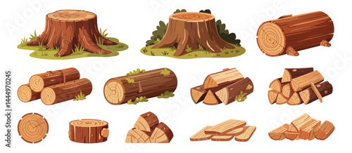 Collection of Cartoon Wooden Logs Tree Stumps and Firewood