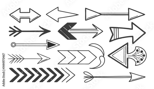 Vector hand drawn arrow icon set Grunge marker line scribbles Handmade curve brush strokes
