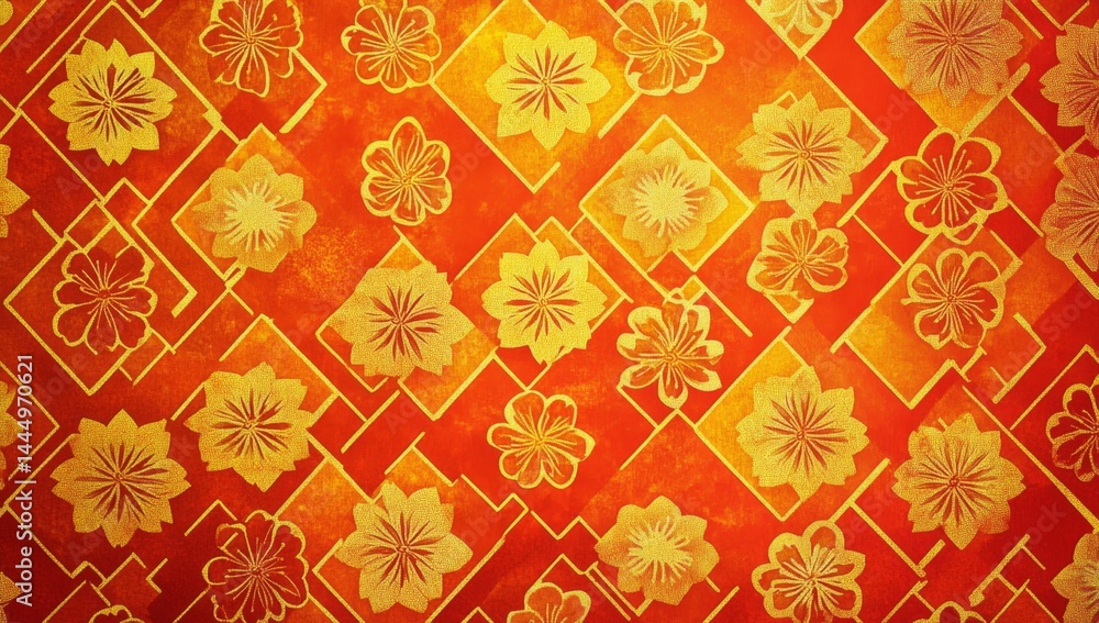 Vibrant floral pattern, red and gold Vibrant floral pattern, red and gold