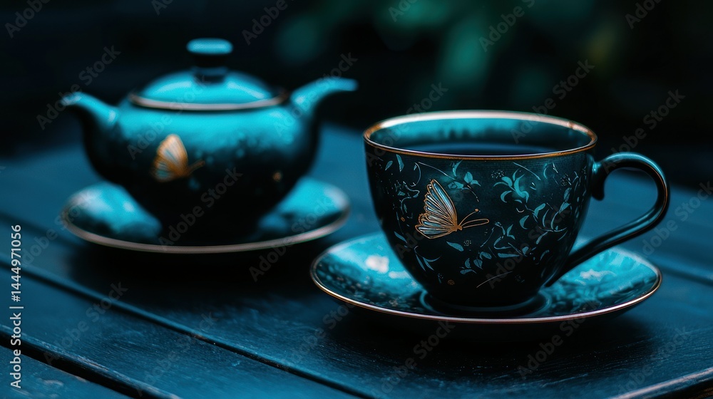 Fototapeta premium Elegant tea cup and teapot sit on a dark table