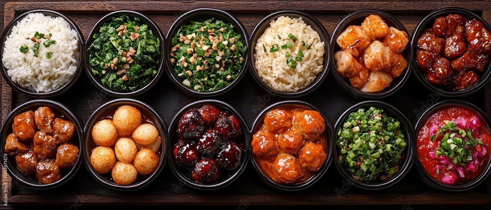 Assortment of savory dishes in small bowls. A variety of textures and colors are appealing Assortment of savory dishes in small bowls. A variety of textures and colors are appealing