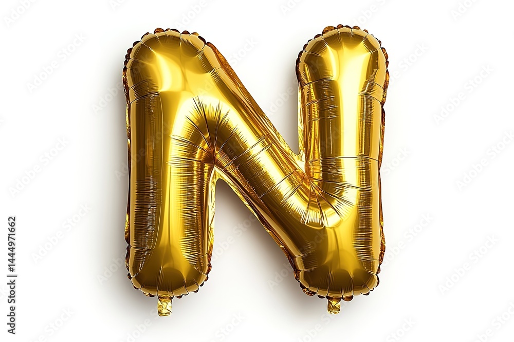 Fototapeta premium Golden Foil Balloon Letter N, Metallic Shine, Party Decoration, Isolated, White Background