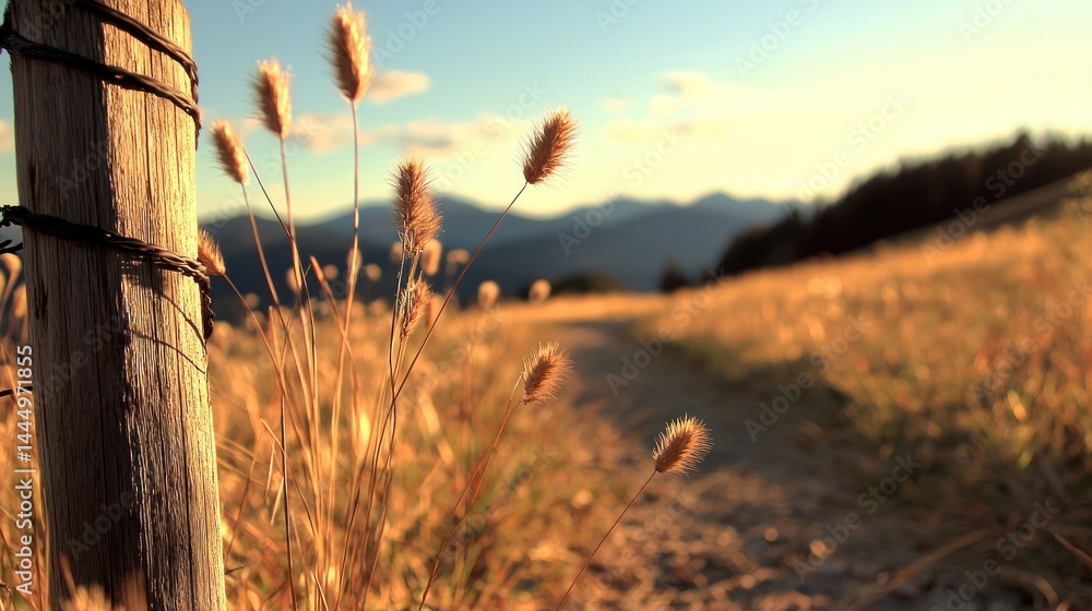 Obraz premium A scenic landscape featuring a wooden fence post and grassy trail