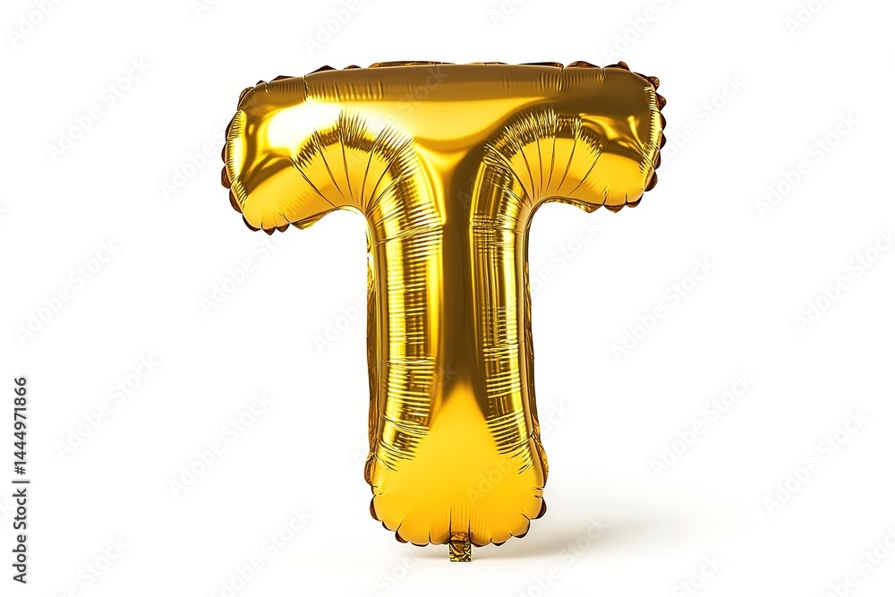 Fototapeta premium Glossy Golden Balloon Letter T Floating on White Backdrop Shiny Helium Foil