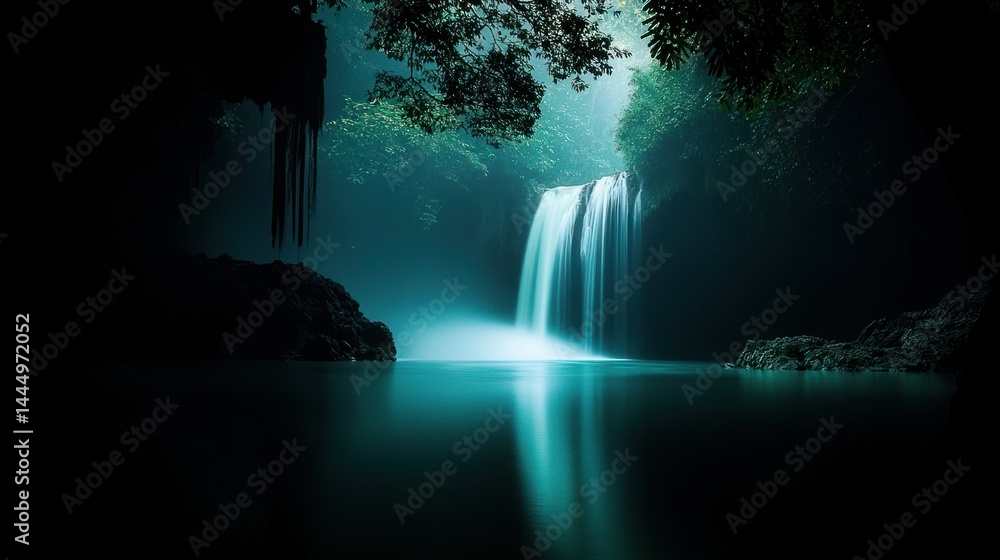 Fototapeta premium A tranquil waterfall flows peacefully into a serene turquoise colored lake