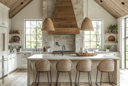 White oak kitchen island with farmhouse barstools, white cabinets, wood floors, vaulted ceiling, light grey stone backsplash, large wooden range hood, and pendant lights in open concept home.