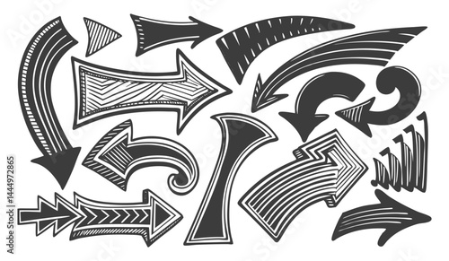 Vector hand drawn arrow icon set Grunge marker line scribbles Handmade curve brush strokes