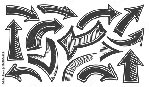 Vector hand drawn arrow icon set Grunge marker line scribbles Handmade curve brush strokes