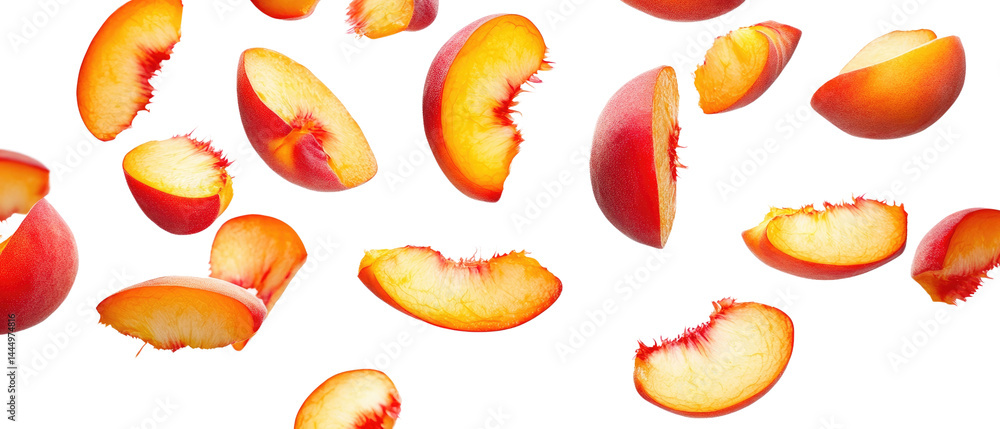 falling flying fresh peach slices isolated on a white background falling flying fresh peach slices isolated on a white background
