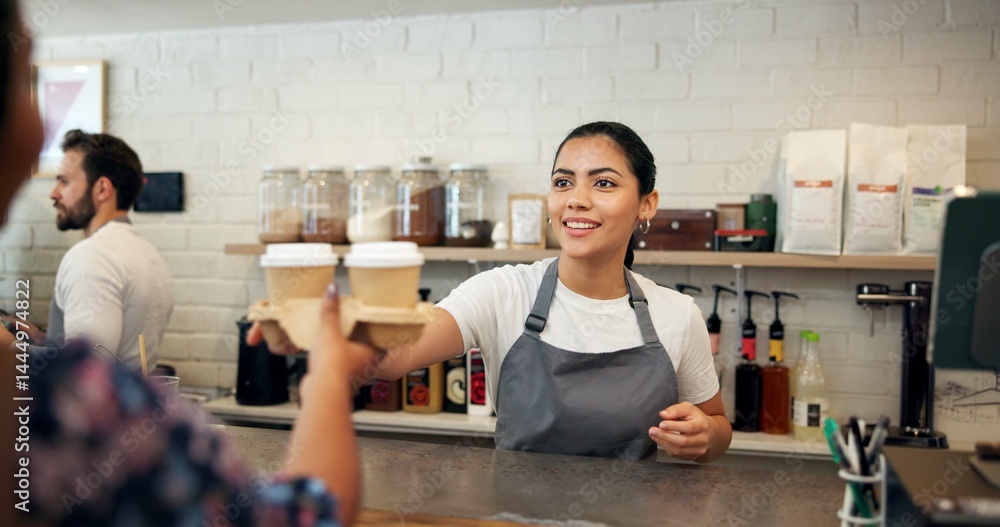 Fototapeta premium Cafe, barista and woman with coffee, sale and smile for customer service, hospitality and server in store. Small business, waitress and person with latte for consumer, happy and checkout for takeaway