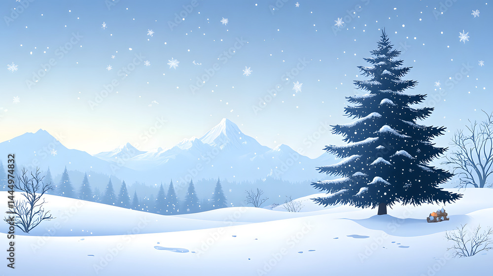 Fototapeta premium Beautiful Winter Landscape with Snowfall and Lone Evergreen Tree in Scenic Setting