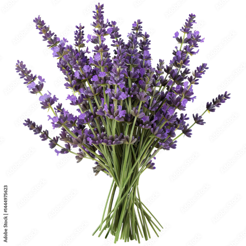 Fototapeta premium A bouquet of fresh lavender stems with vibrant purple flowers and green stalks.