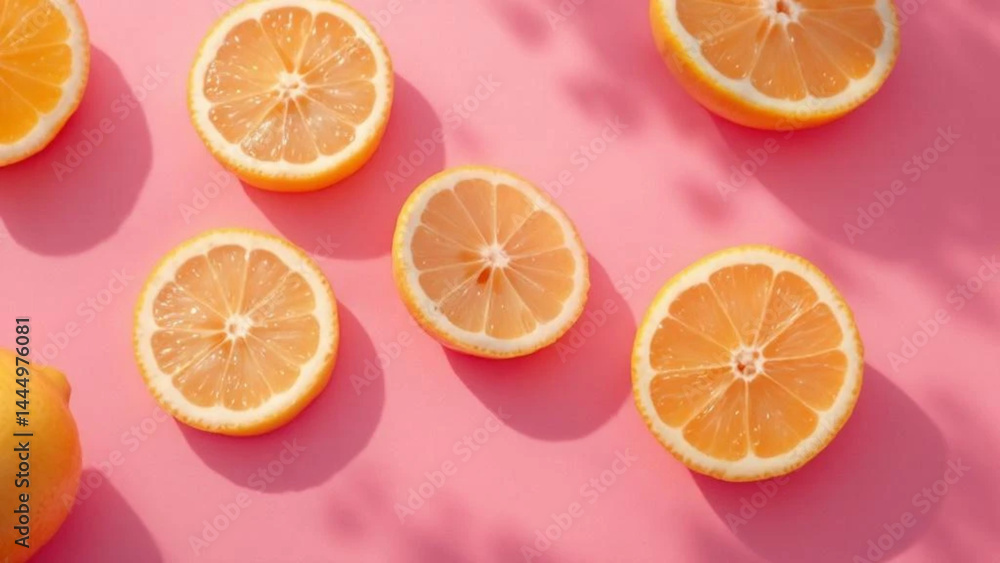 Slices of lemon on pink background.