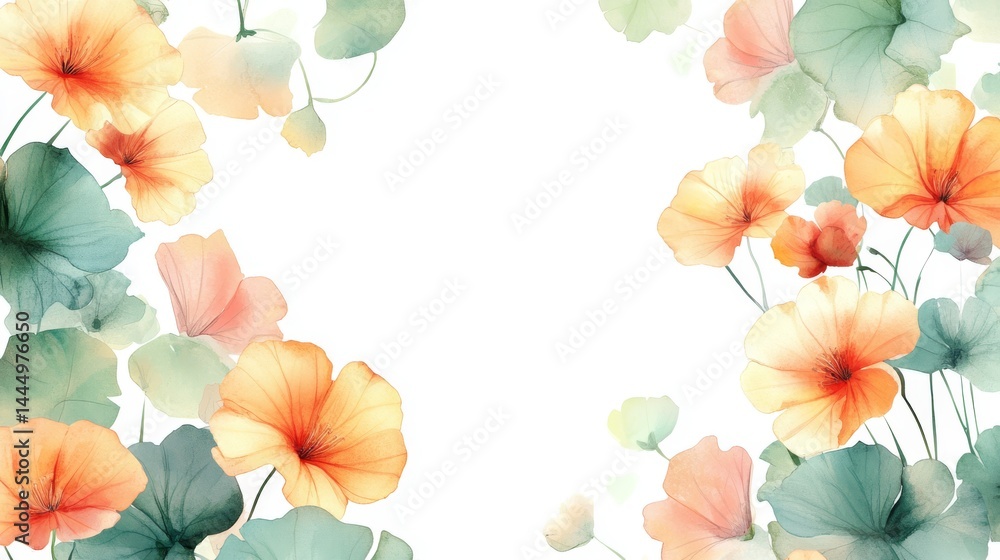 Fototapeta premium A beautiful watercolor floral pattern with nasturtium in pastel colors, with an empty space for the text, on a light green background, The flowers in the picture are on the left 