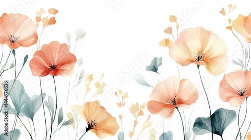 Wallpaper Mural A beautiful watercolor floral pattern with nasturtium in pastel colors, with an empty space for the text, on a light green background, The flowers in the picture are on the left  Torontodigital.ca