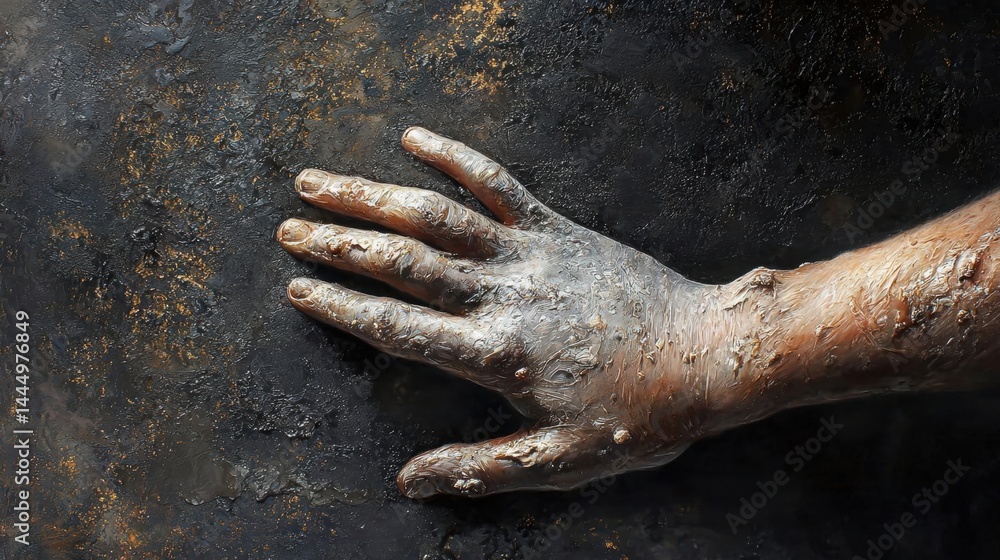 Fototapeta premium Close-up of a person's hand covered in mud or dirt. the hand appears to be dirty and covered in a thick layer of mud. the background is a dark, textured surface with a rough, uneven texture.