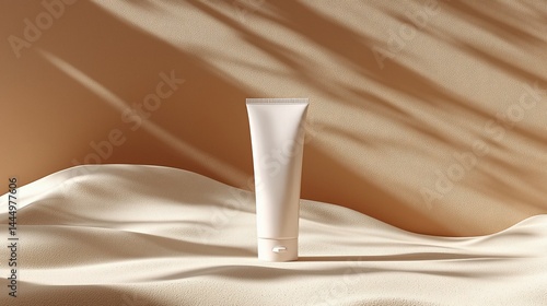 Cream tube product, beige backdrop, soft shadows