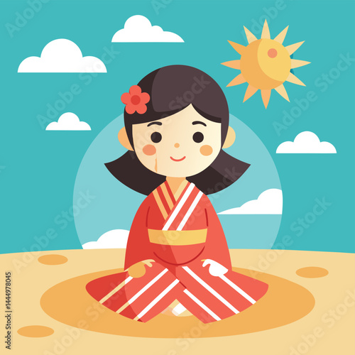 Experience the serene beauty of a cute girl in a traditional kimono dress enjoying sunbathing on the beach, blending cultural elegance with relaxation in a whimsical cartoon illustration.
