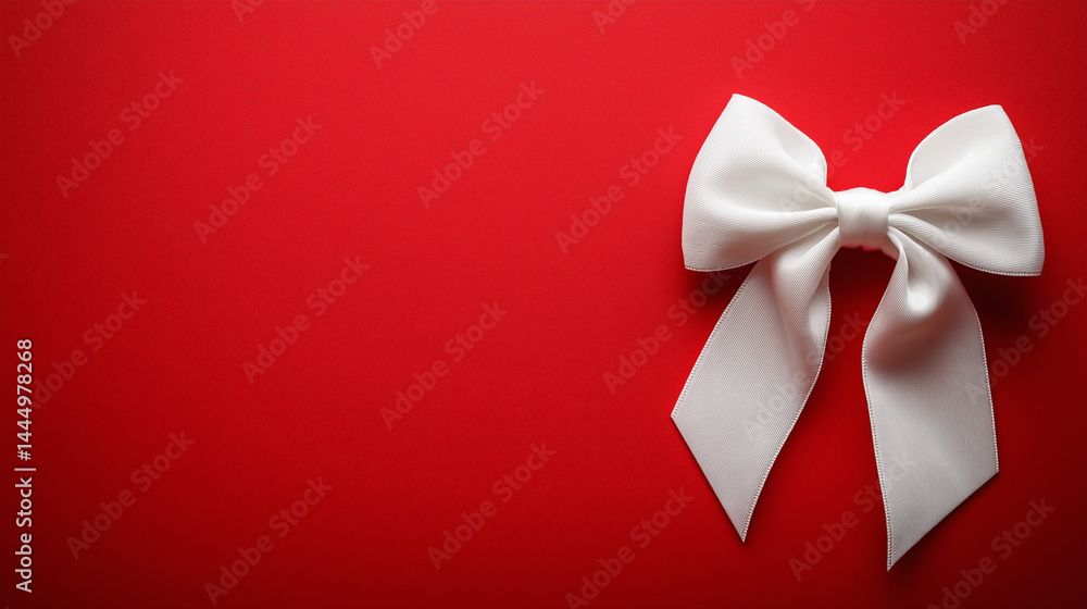White bow placed on vibrant red background White bow placed on vibrant red background