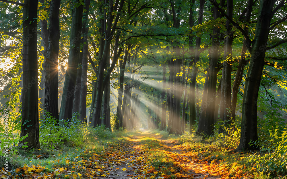 Naklejka premium Enchanted Forest Path with Sunbeams Filtering Through Tall Trees in Autumn, Creating a Serene and Magical Landscape