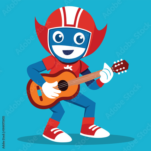 Enjoy the lively charm of a cute American football player mascot strumming a guitar, blending athletic spirit with musical talent in a vibrant illustration.
