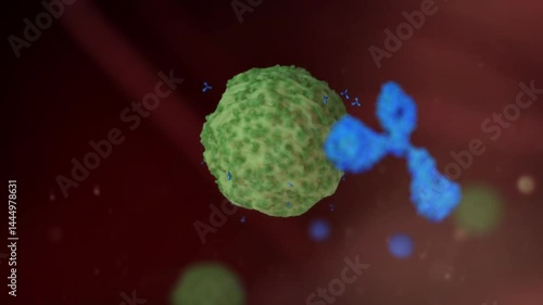 Cancer immunotherapy: Antibodies bind to cancer cells, enabling the immune system to recognize and attack malignant tumors. Immune response and tumor antigens, 3D close-up medical animation.
