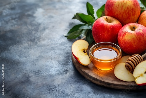 Sweet Honey and Crisp Apples a Rosh Hashanah Tradition presented on rustic wood with golden tones and a blurred