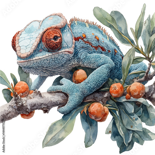 Chameleon Clinging To A Branch, watercolor vector, isolated on a white background.