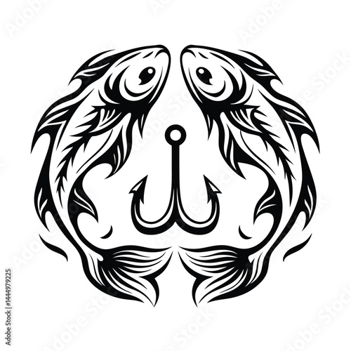 Fish and Hook Black Silhouette | Tribal Inspired Decorative Element, Detailed Fins & Tails