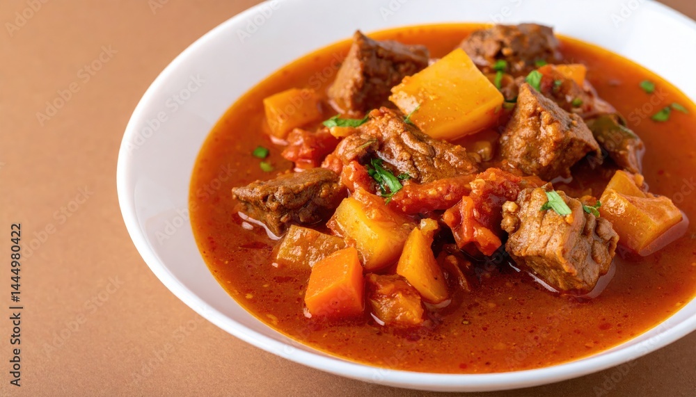 Goulash in a plate on a brown background. Goulash in a plate on a brown background.