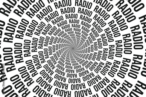The word radio in a spiral. Abstract background for the world radio day. Radio waves in a circle from the center.