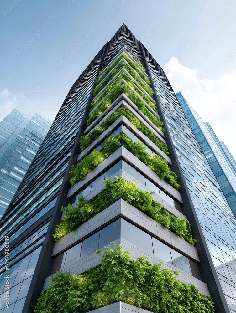 Obraz premium Eco-Friendly Modern Skyscraper - A modern skyscraper with integrated green spaces, showcasing sustainable architecture and urban design