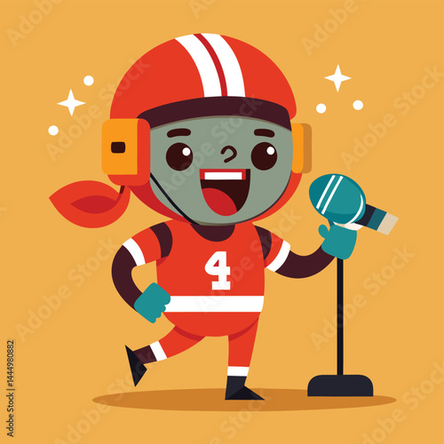 Enjoy the energetic charm of a cute American football player mascot singing into a microphone, capturing the spirit of sportsmanship and musical talent in a vibrant illustration.
