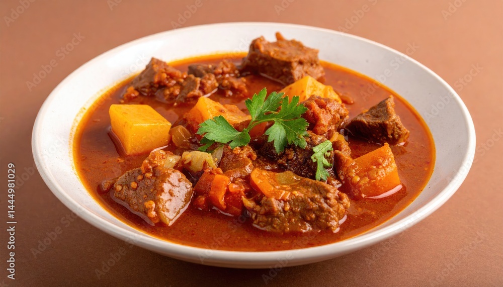 Goulash in a plate on a brown background. Goulash in a plate on a brown background.