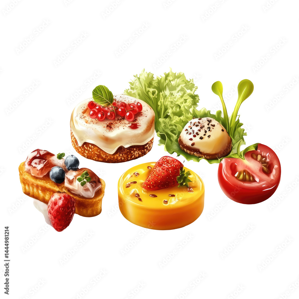 Assorted gourmet pastries and snacks. Fresh fruit and herbs adorn the delectable treats Assorted gourmet pastries and snacks. Fresh fruit and herbs adorn the delectable treats