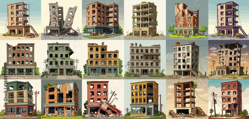 Collection of Diverse Ruined Buildings in Various Stages of Decay
